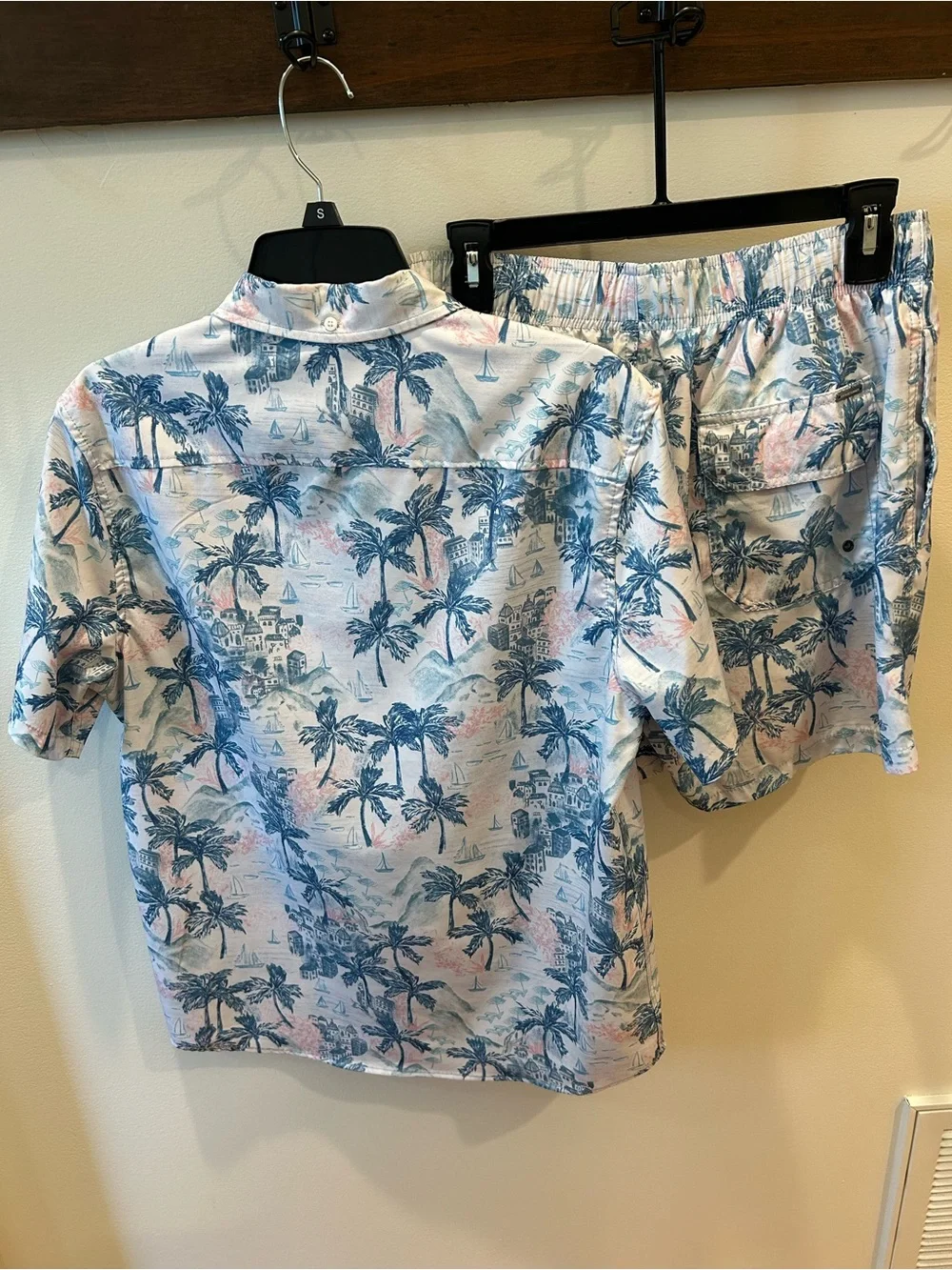VINTAGE SUMMER Matching Cabana Set Palm Tree Swim Trunks & Button Up Shirt S